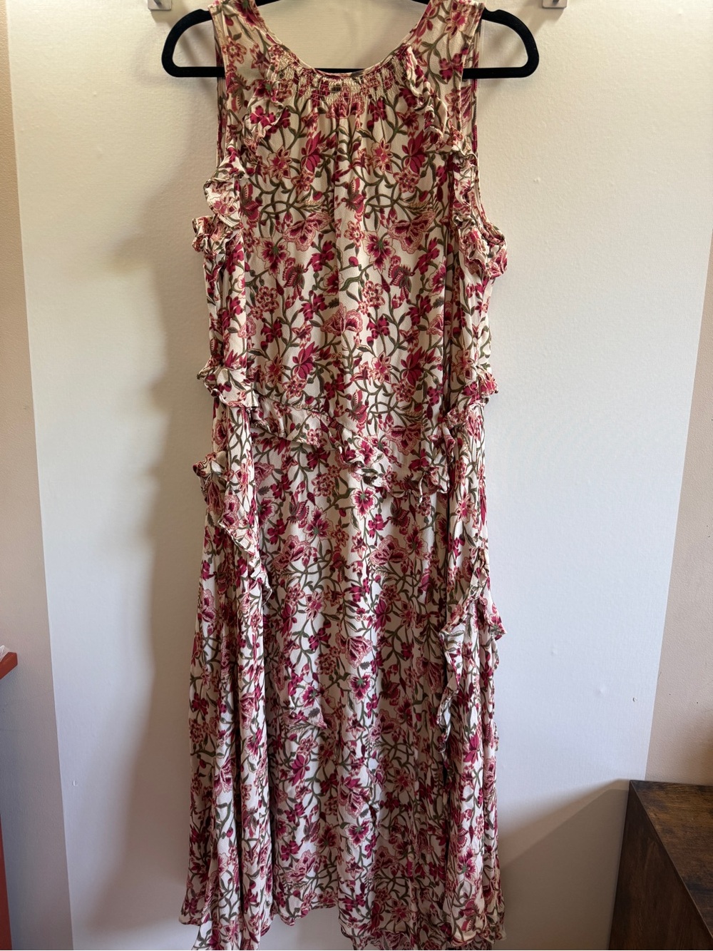 Sundance Floral Ruffle Maxi Dress Pink Cream Boho Sleeveless Size PL